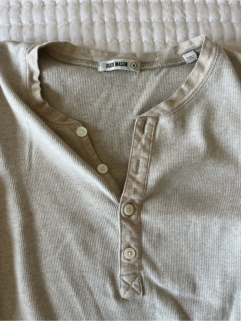 Buck Mason Tan/Beige/Oatmeal Cotton Henley Long Sleeve Shirt Medium - Picture 2 of 3